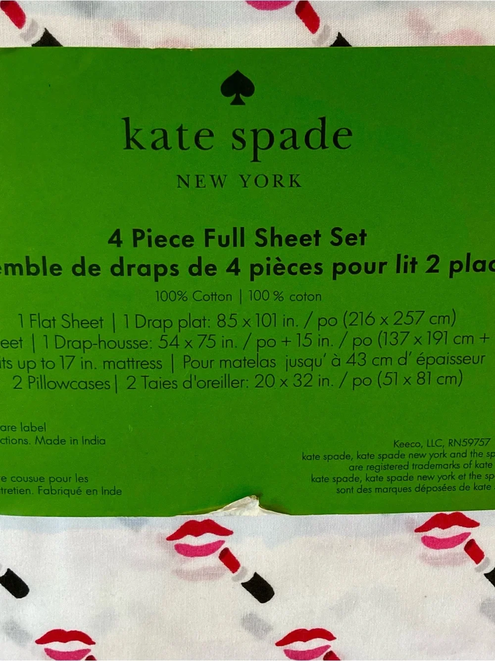 NWT kate spade New York White Sheet Set with Red Lips and Black Lipstick Print